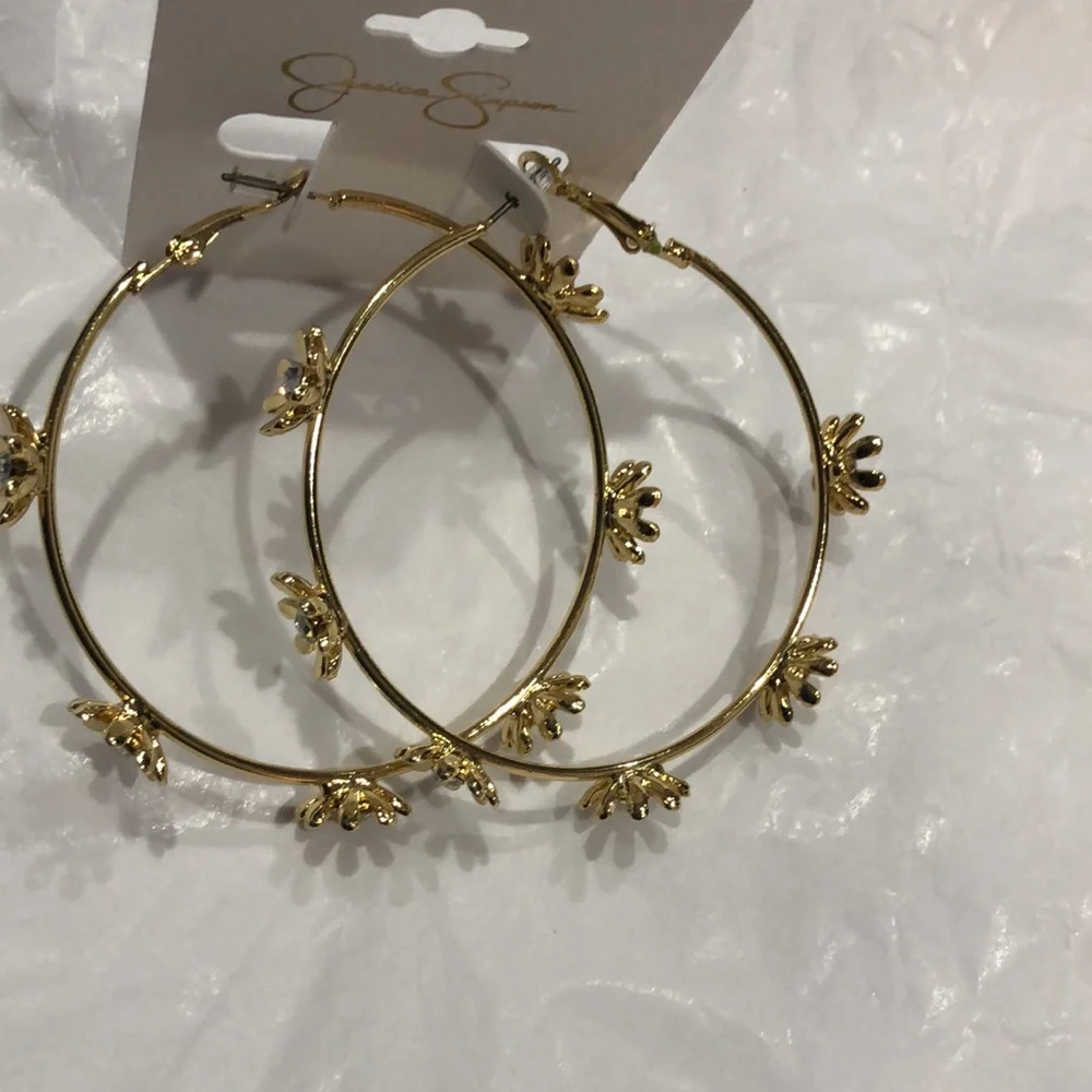 Jessica‎ Simpson cubic zirconia studded flower gold plated hoop earrings new